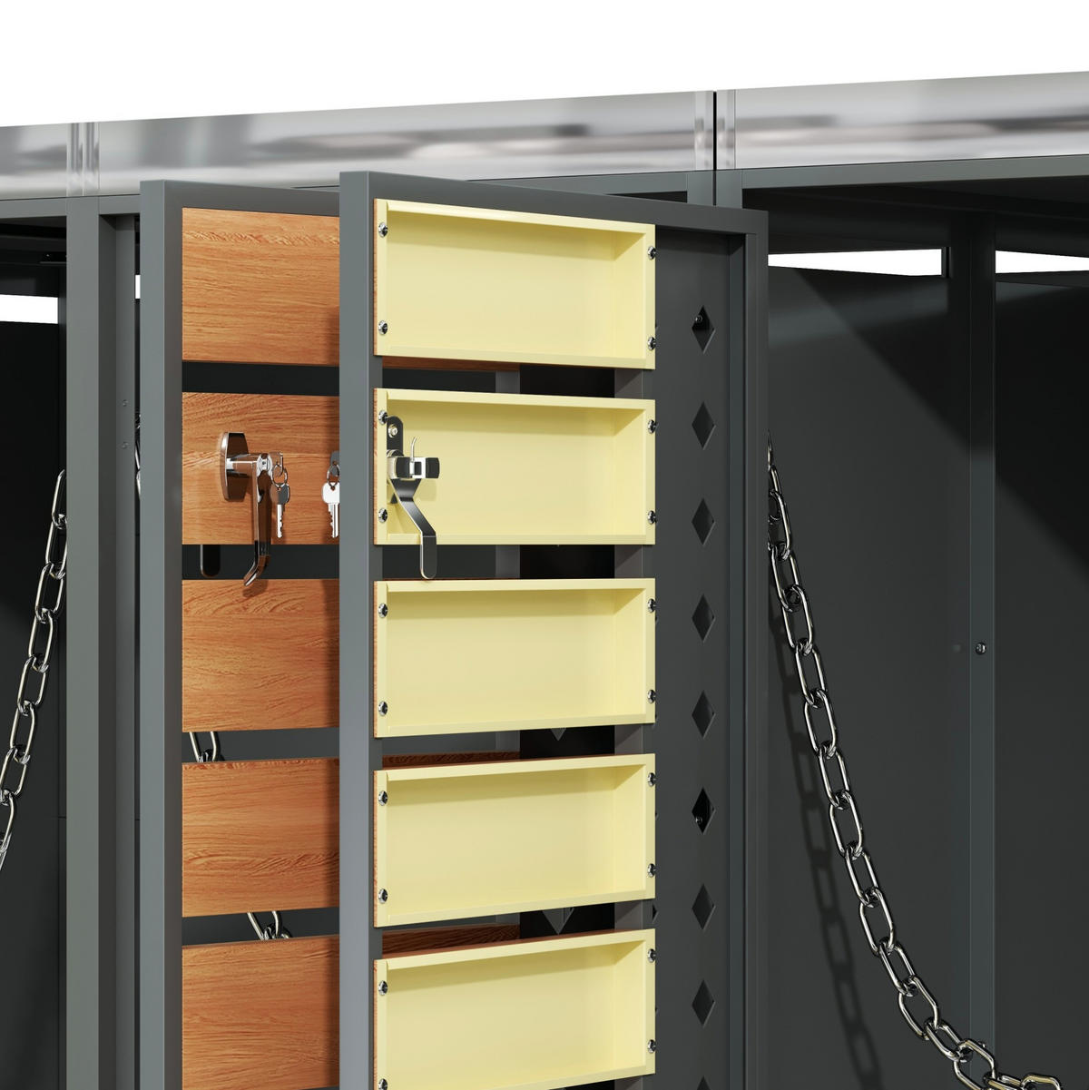 MÜLLTONNENBOX aus verzinktem Stahl in Grau/Holzoptik mit Pflanzkasten & 4 Türen 264x80x124,5 cm - Grau, Metall (264/124.5/80cm) - Modfu