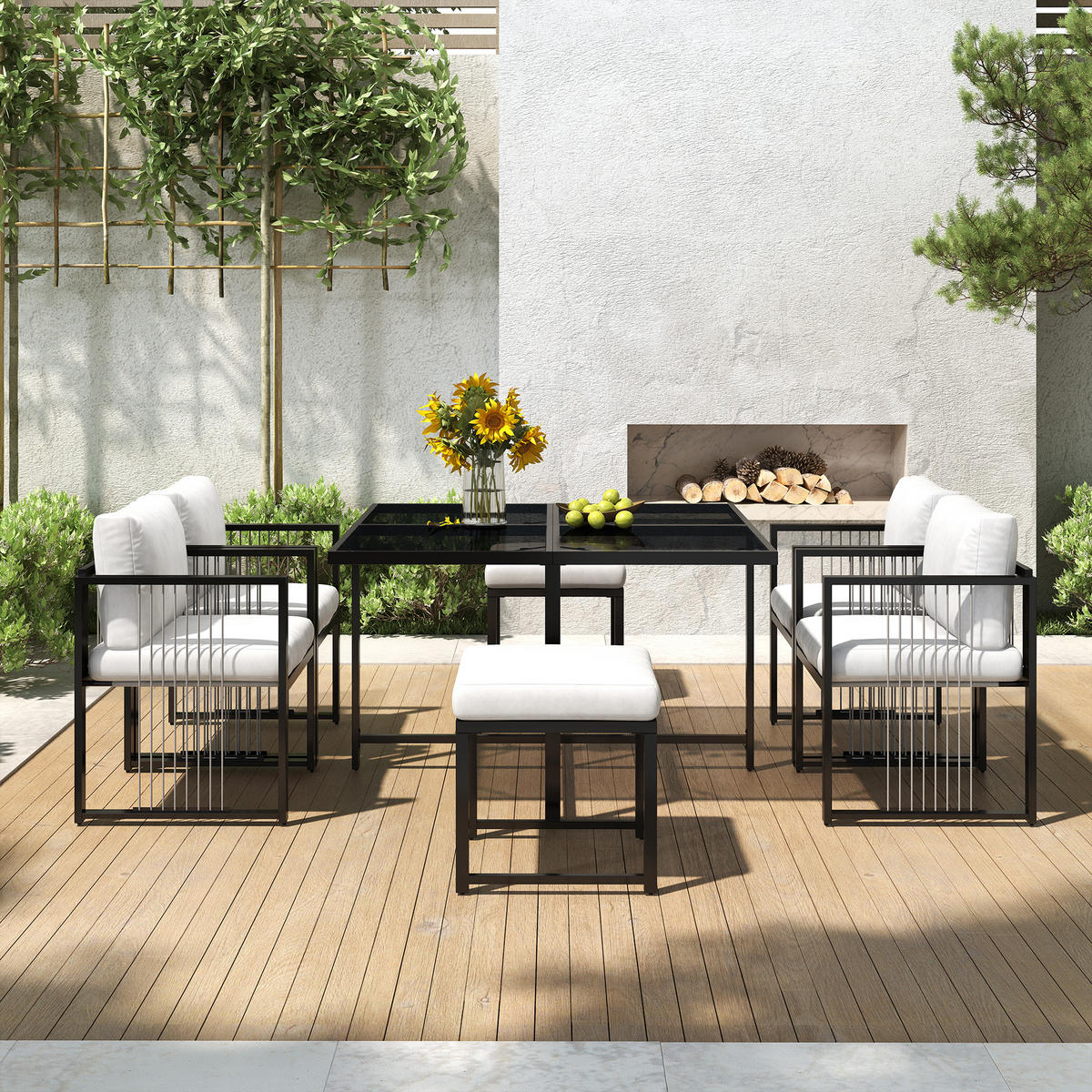GARTENSET 7 tlg 6 Personen Tisch Stühle - Schwarz, Metall - LEBENLANG