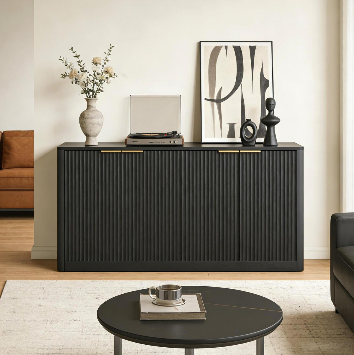 SIDEBOARD aus MDF 150x40x70,5 cm Schwarz mit 4 Türen und wellenförmiger Front - Schwarz, Holzwerkstoff (150/70.5/40cm) - Modfu