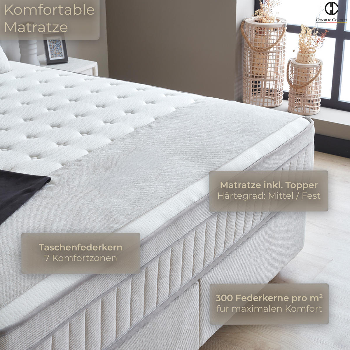 BOXSPRINGBETT MIT BETTKASTEN PISA 90/200 cm, Greige, Bettkasten, Matratze, Topper integriert, H3 mittel - Greige/Schwarz, Holz/Kunststoff (90/200cm) - Consilio Concept