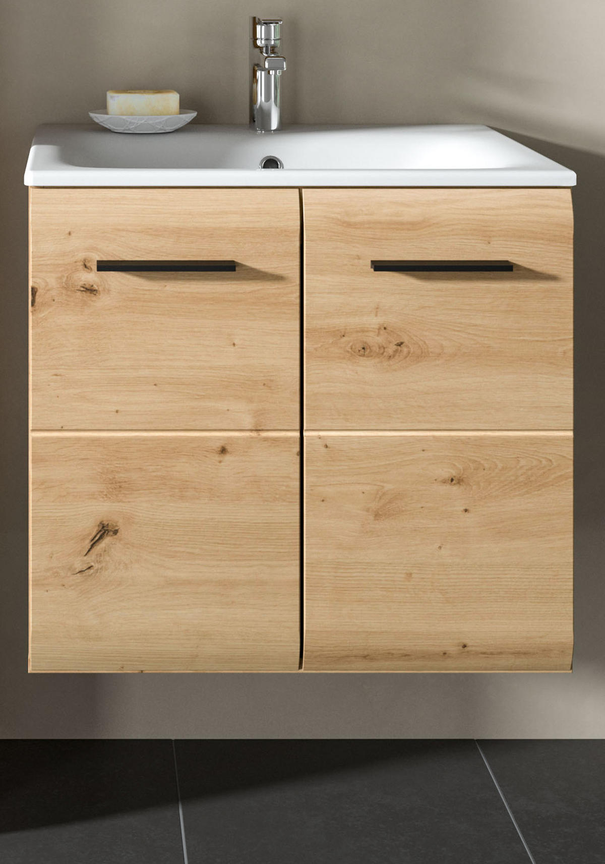 WASCHTISCH Eiche Artisan, Set Waschbeckenunterschrank hängend mit Waschbecken, Breite 60 cm - Schwarz/Eiche Artisan, Keramik/Holzwerkstoff (60/55/46cm) - Inn.Furn