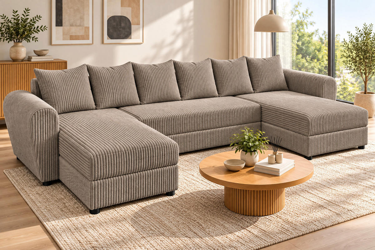WOHNLANDSCHAFT PUMA U 308 cm – Cord Sofa in U-Form mit Schlaffunktion, Bettkasten und weichem Cordbezug - Taupe/Schwarz, Kunststoff (308/85/140cm)