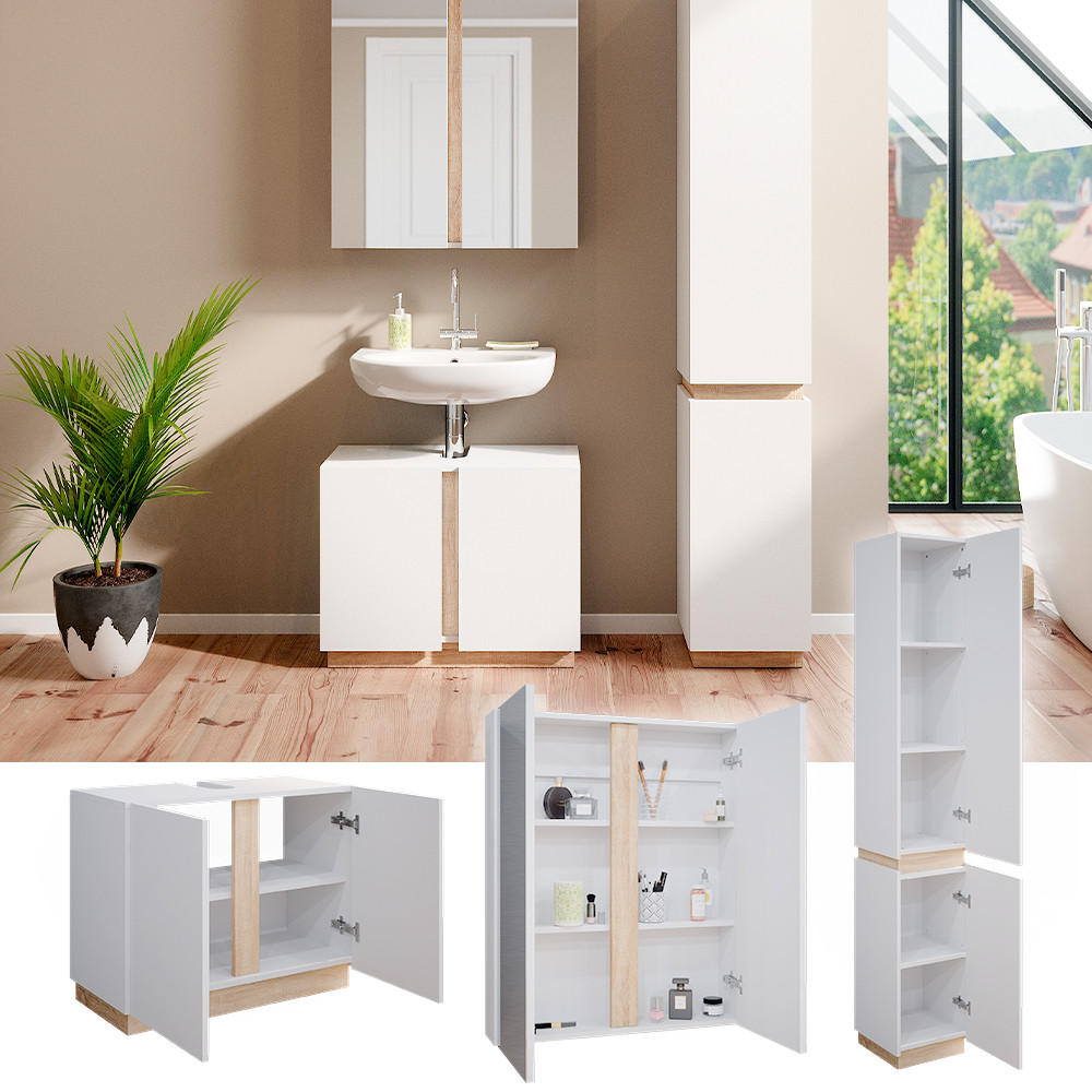 BADMÖBEL-SET Gloria Weiß 3 Teile, mit Hochschrank - Weiß/Sonoma Eiche, Holzwerkstoff (70/55/34cm) - Vicco