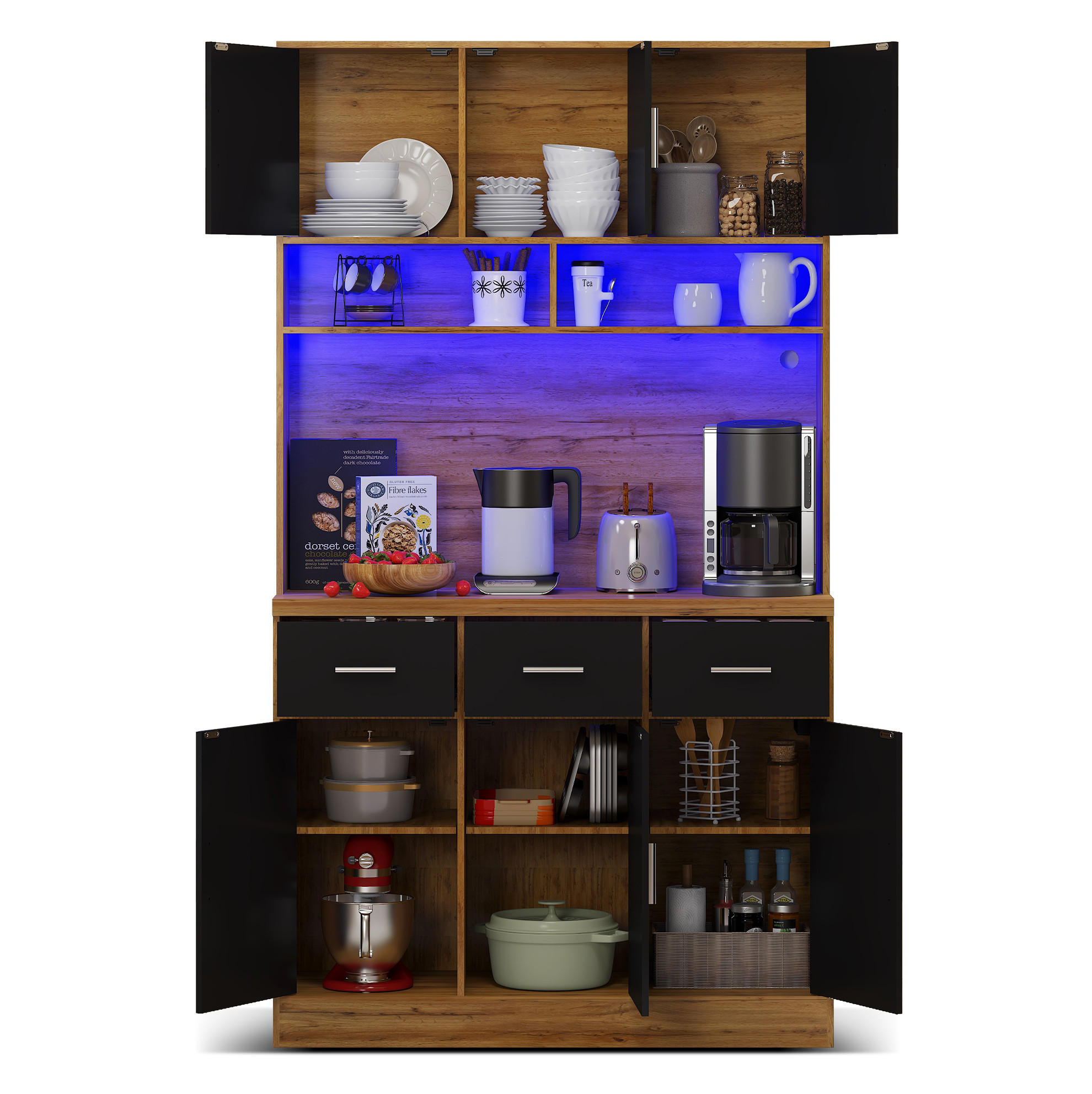 BUFFET 100/40/180 cm mit 6 Türen & 3 Schubladen, LED und großer Arbeitsfläche - Naturfarben, Holzwerkstoff (100/180/40cm) - BEAOK