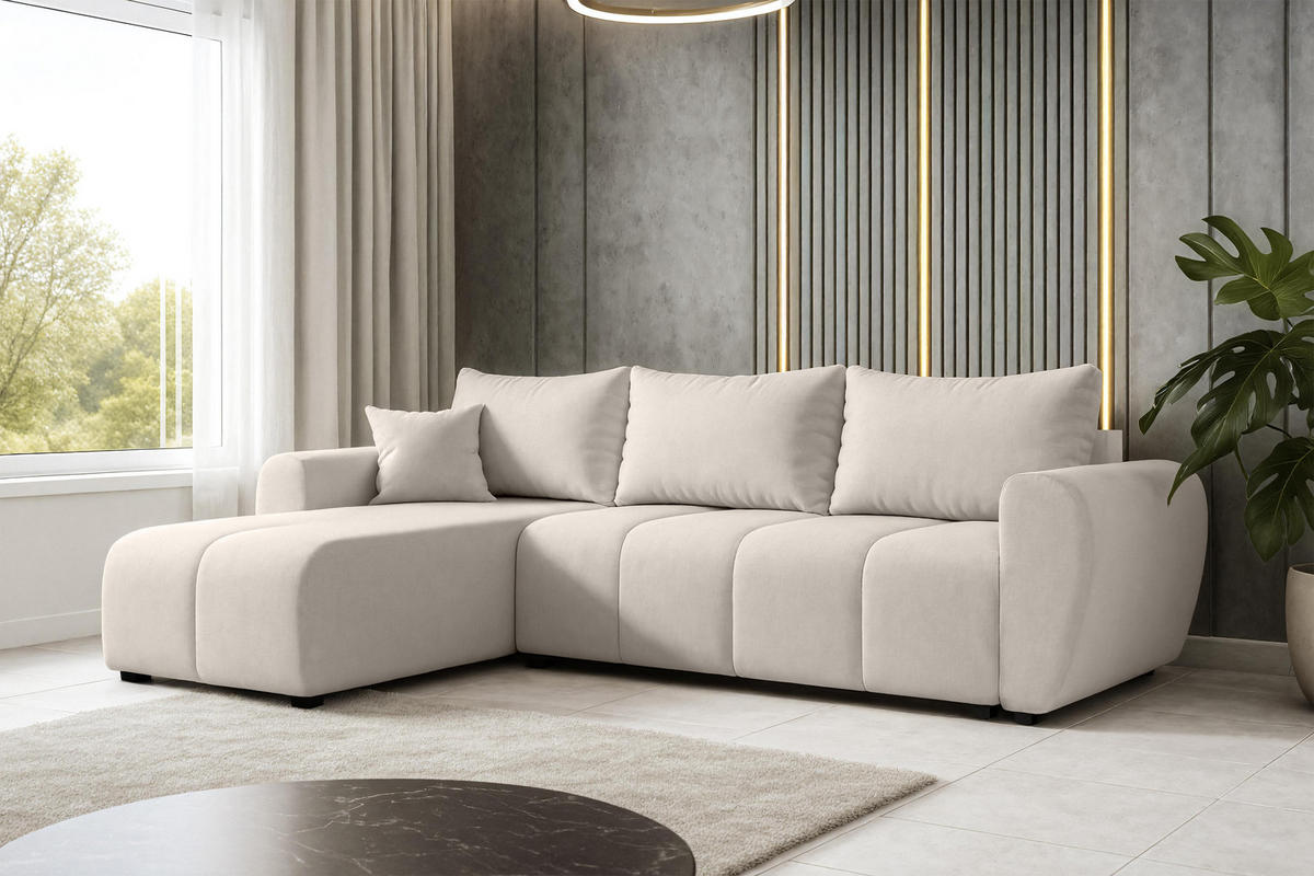 ECKSOFA L Form Malatya Beige 246/145/82 cm stilvolle mit Schlaffunktion L - Beige/Schwarz, Kunststoff/Textil (145/246cm) - AX Living