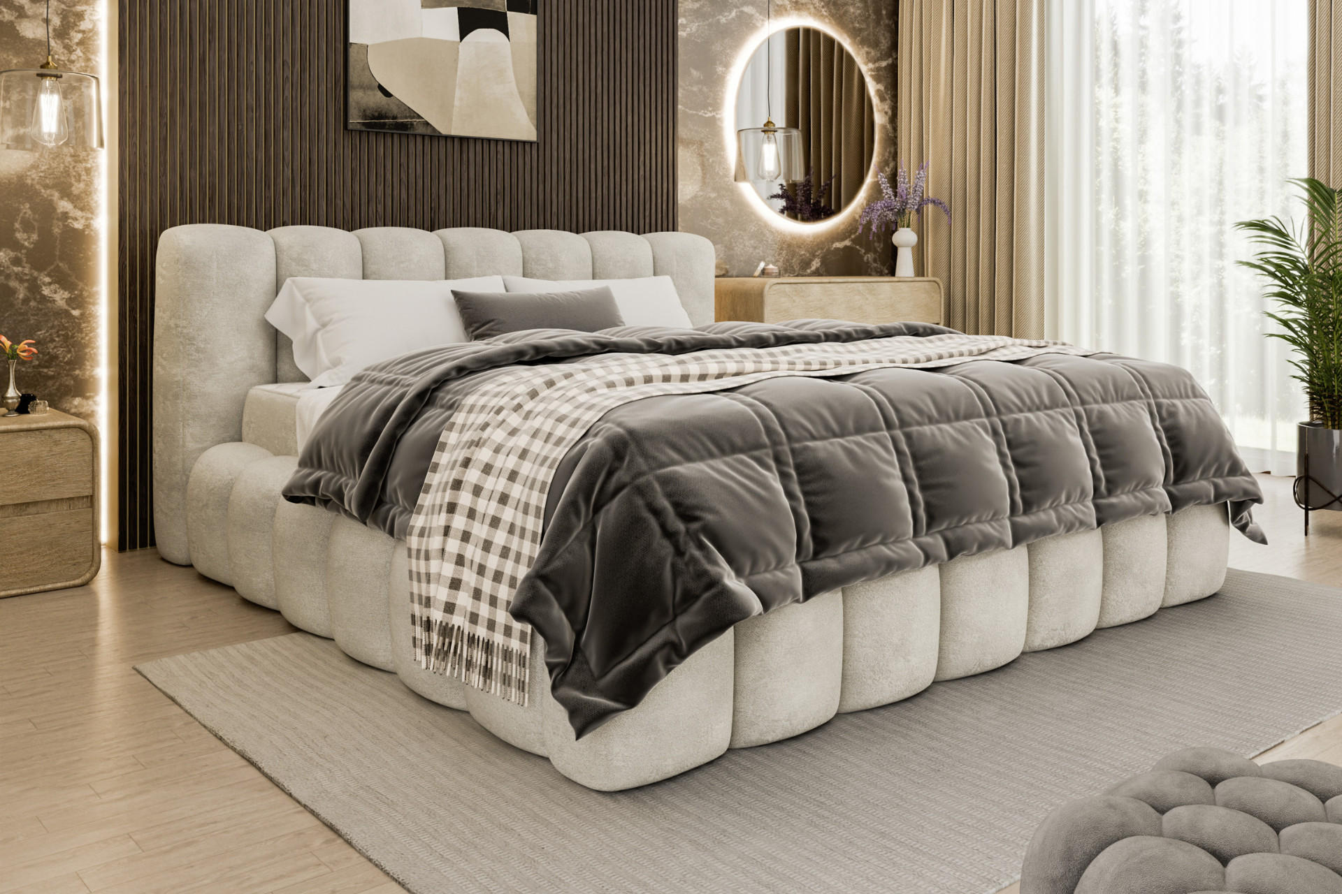 Modernes helles Bett von Esposa mit Bettwäsche darauf