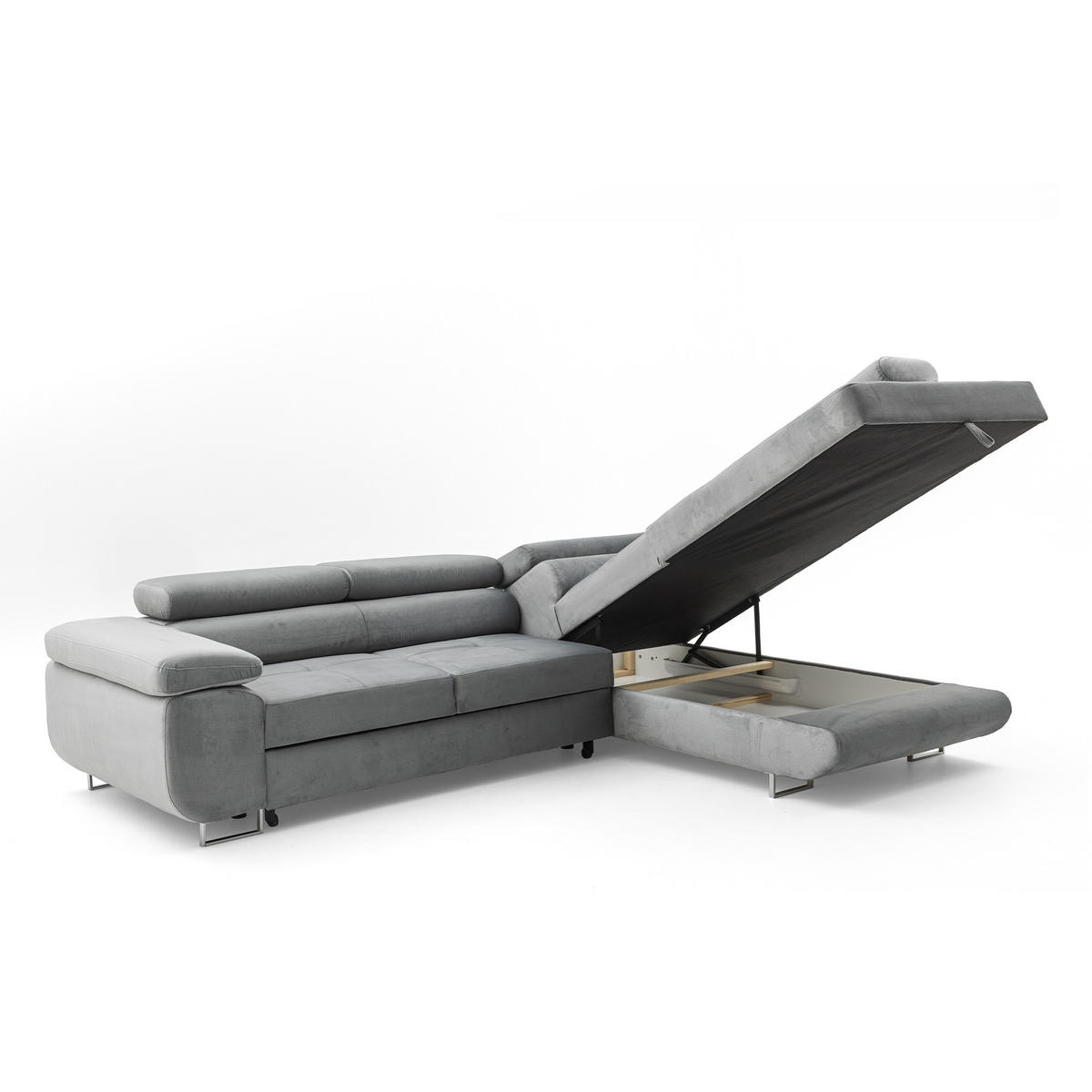ECKSOFA WILD L Rechts mit Schlaffunktion 127x195 Velours Grau - Chromfarben/Grau, Holz/Textil (274/203cm) - Muffo