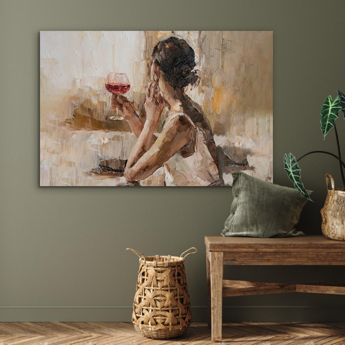 METALLBILD Ölgemälde - Frau - Wein 90x60 cm - Hellbraun, Metall (90/60cm) - MuchoWow