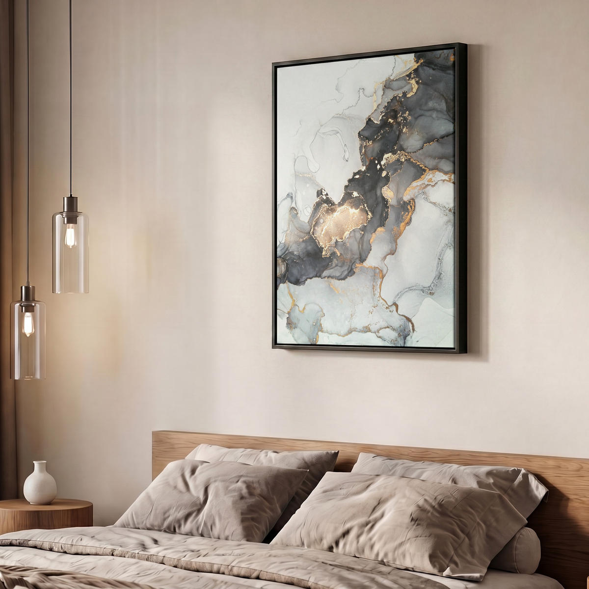LEINWAND Bilder mit Rahmen - Marmor - Schwarz - Weiß - Gold - Luxus - Abstrakt - 50x70 - Goldfarben, Textil (50/70cm) - MuchoWow