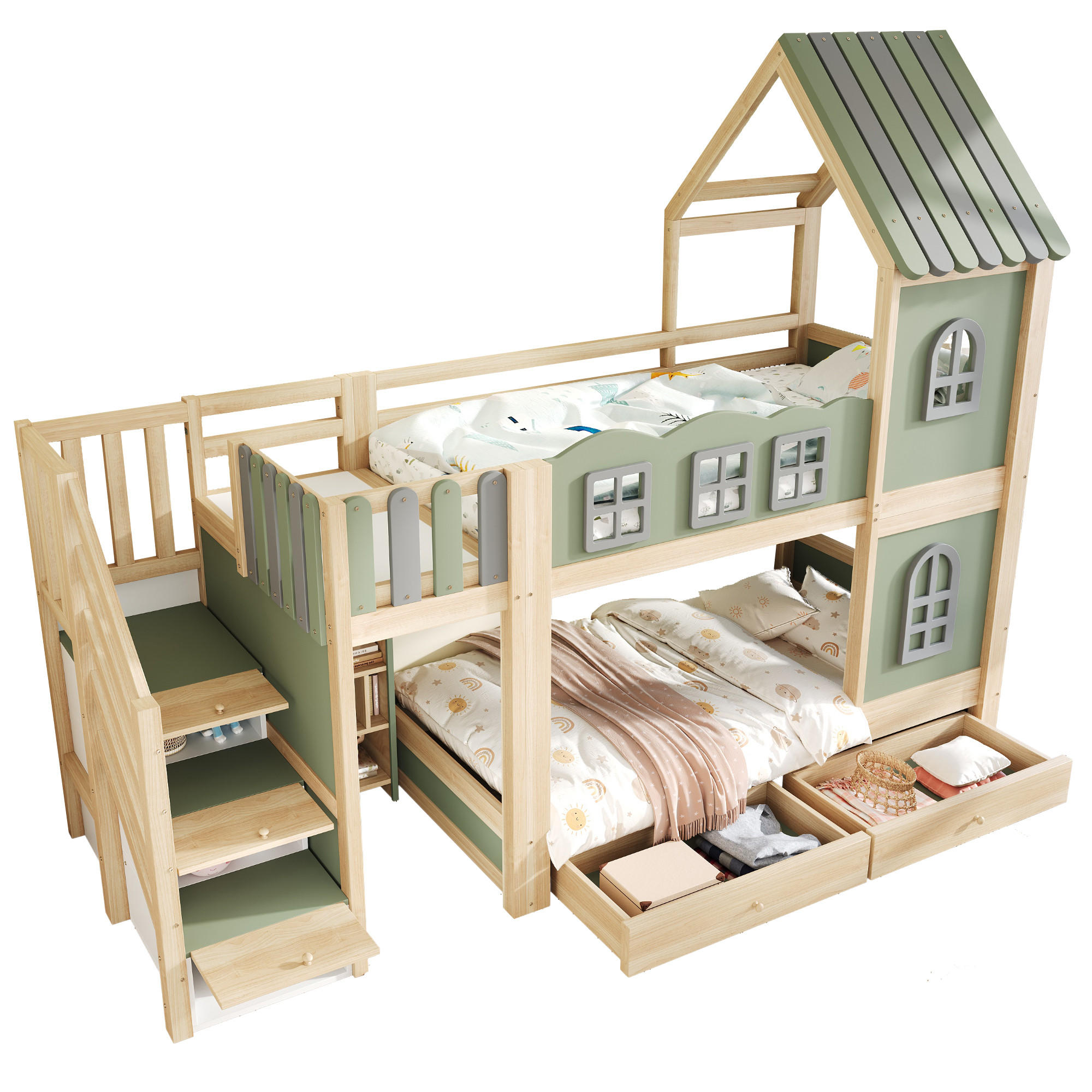 ETAGENBETT mit Stauraumleiter 90x200 cm Holz Green/Grey/Natural Wood - Grün, Holz (90/200cm) - Meubliv