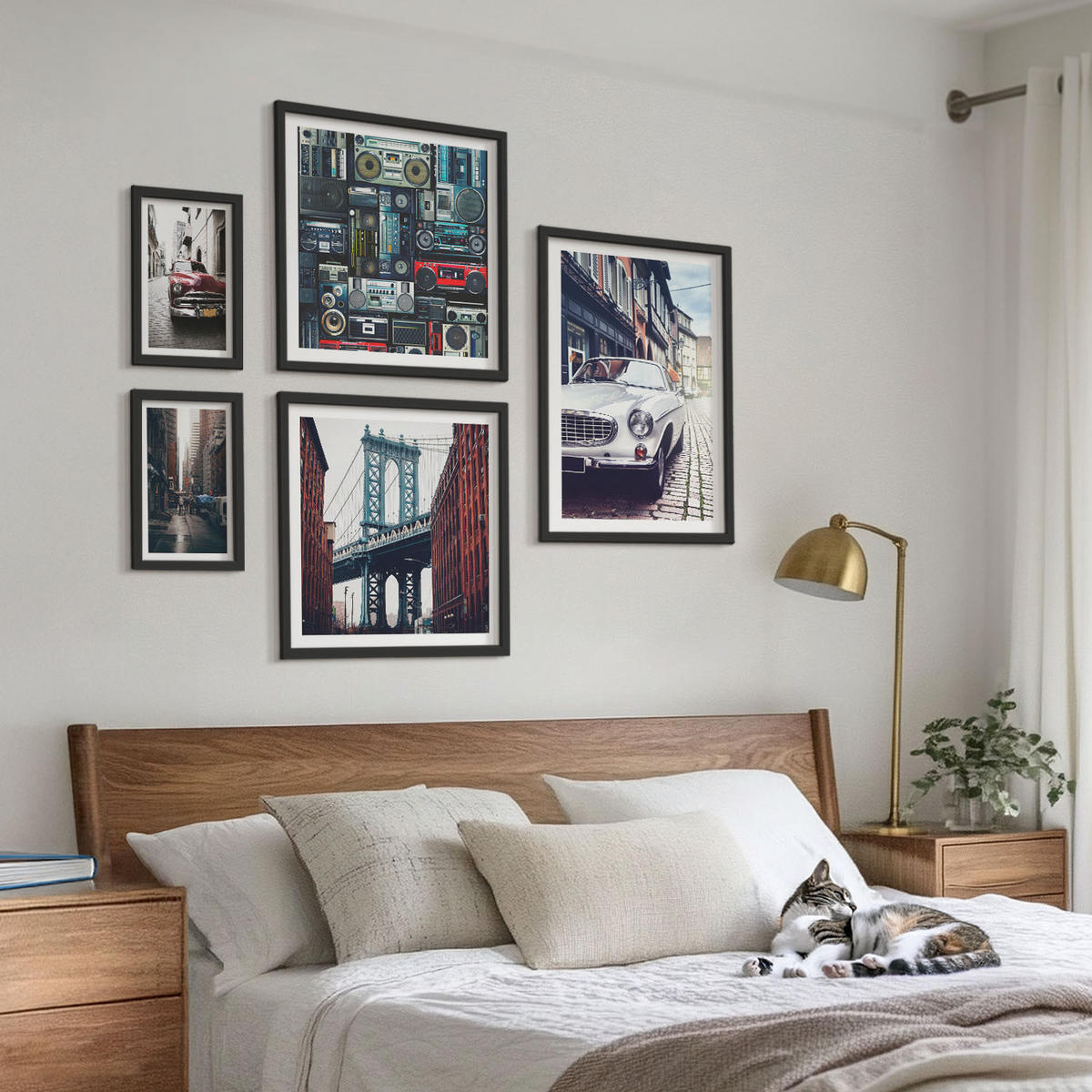 WANDBILDER 5er-Set - 50x50 cm & 20x30 cm & 40x60 cm Schwarzer Rahmen - Old Cars Brooklyn Retro-Audio - Schwarz, Kunststoff (40/60cm) - ArtPrintCave