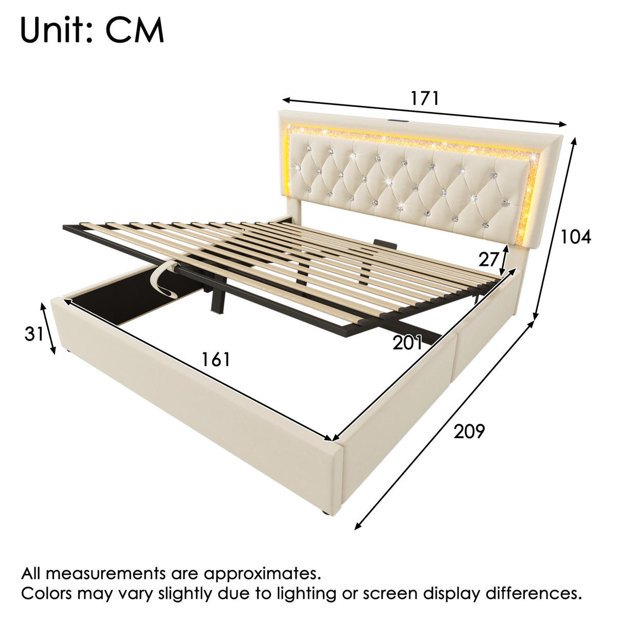 POLSTERBETT aus Samt 160x200 cm in Beige mit LED & USB-C und Matratze - Beige, Textil (160/200cm) - Modfu