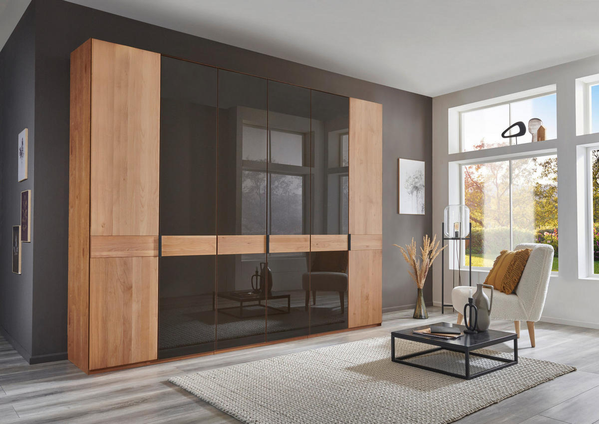 SCHLAFZIMMER Arden mit teilmassiver Erle und Mocca-Glas 4-teilig mit Drehtürenschrank, Doppelbett 180x200cm, zwei Nachttische - Braun, Holzwerkstoff (80/200/120cm)