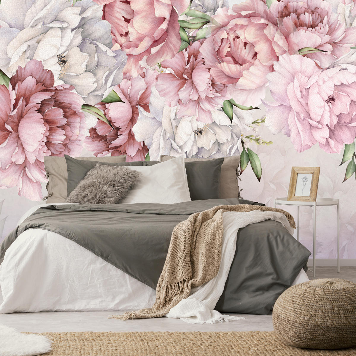 FOTOTAPETE für Schlafzimmer Rosa Zarte Pfingstrosen Natur 100x70 - Violett/Rosa, Papier (100/70cm) - Muralo