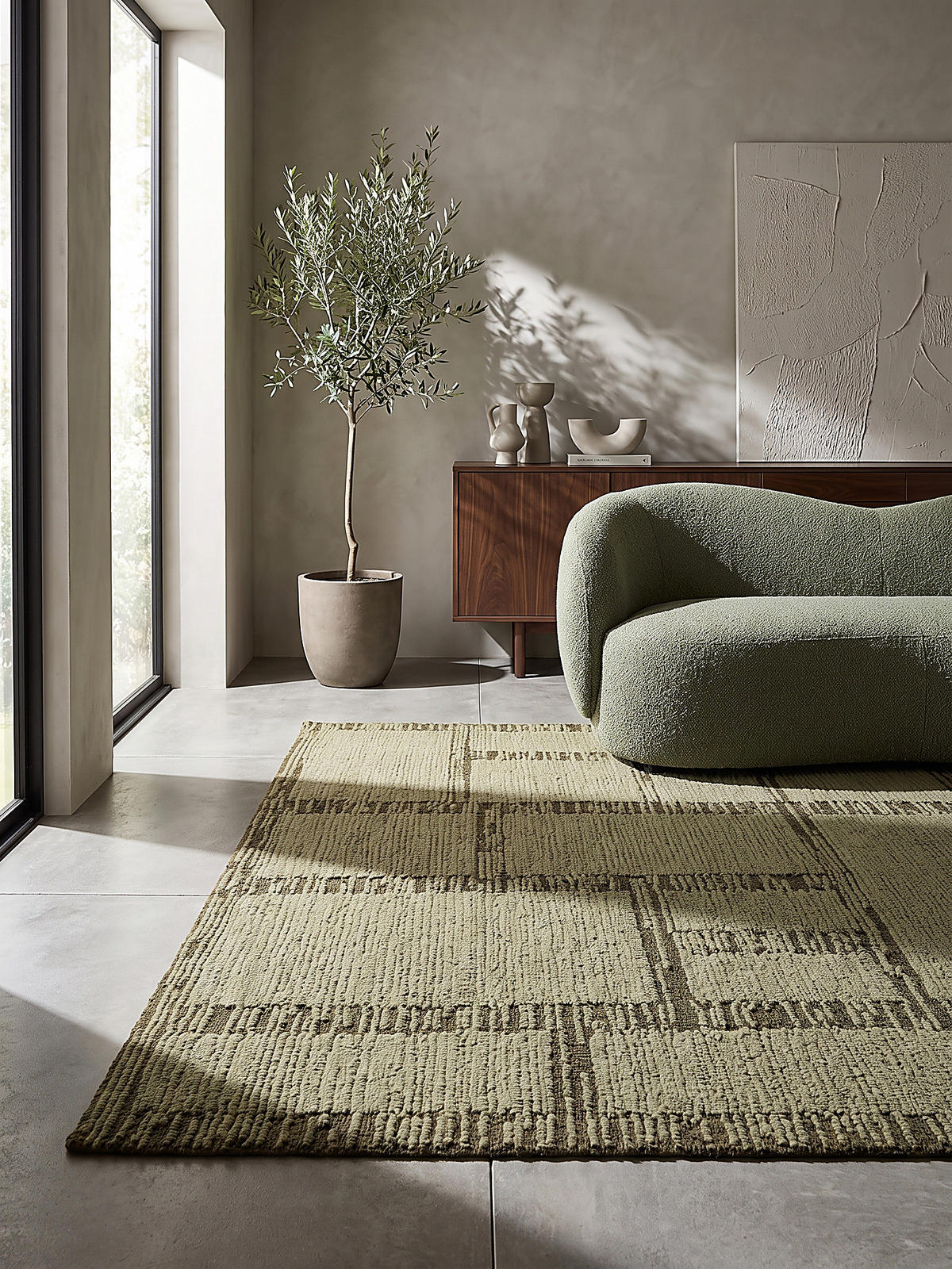 LÄUFER handgetuftet GANNEL, in Salbeigrün, Blockdesign, 80 x 230 cm - Grün, Textil (80/230cm) - KADIMA DESIGN