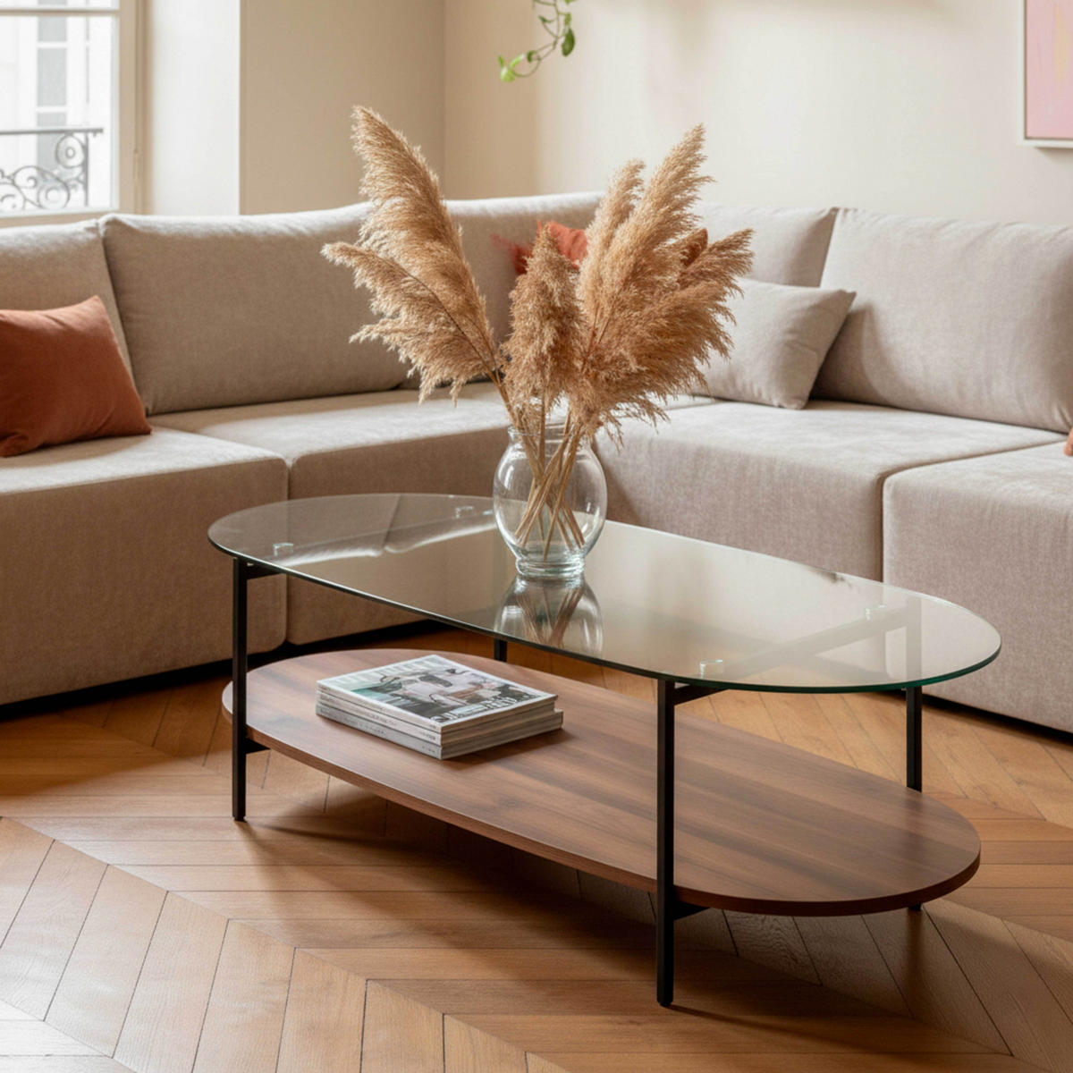 COUCHTISCH, Braun und Glas - Braun, Glas/Metall (55/120/40cm) - Oviala