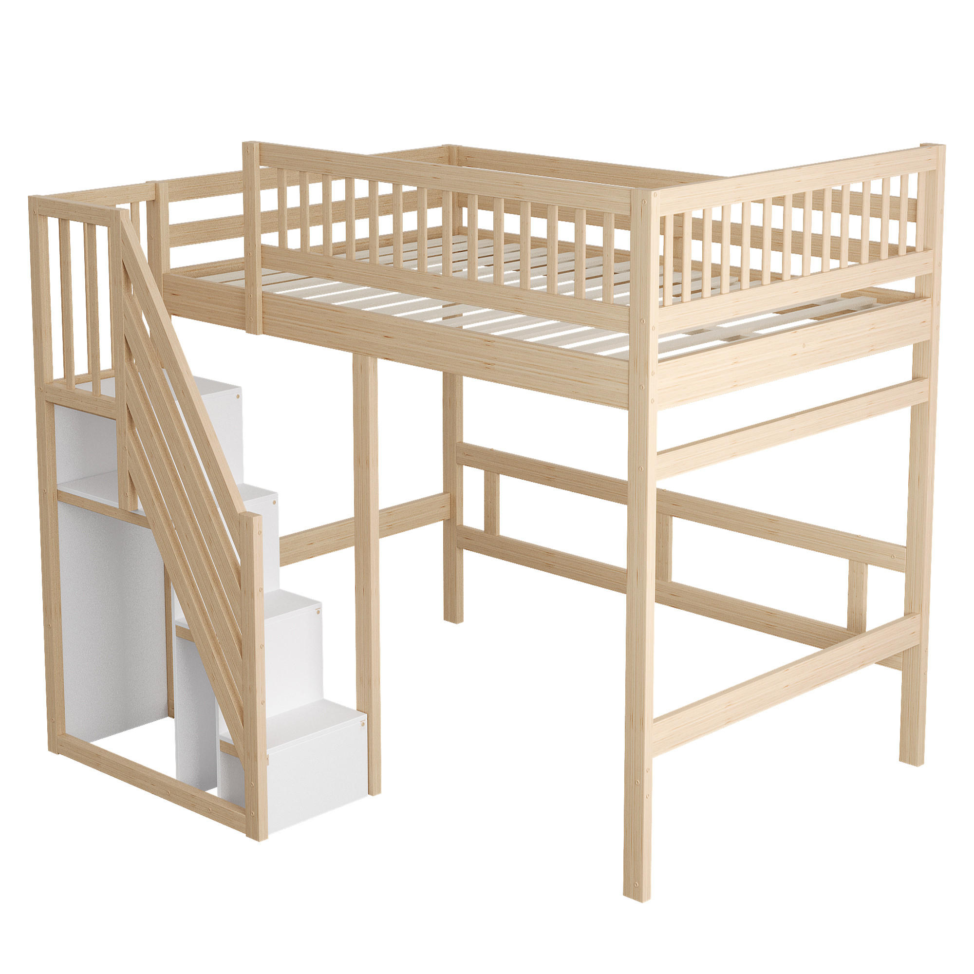 HOCHBETT 140/200 cm in Natur mit Treppe und Stauraum Massivholz - Naturfarben, Holz/Holzwerkstoff (140/200cm) - CHICFURN