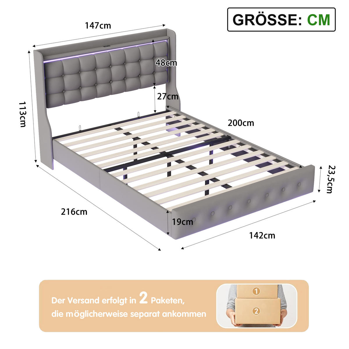 POLSTERBETT 140x200 cm mit LED und USB, Doppelbett mit Lattenrost und Kopfteil, Samtbezug, Grau - Grau, Holzwerkstoff/Textil (140/200cm) - GENKI LIVING