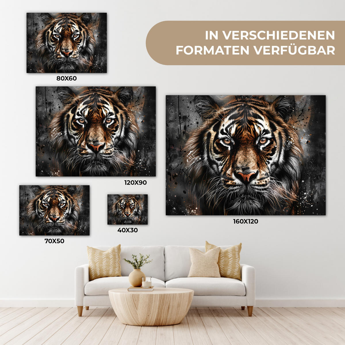 LEINWANDBILD Tiger - Tiere - Porträt - Luxus - Schwarz Wandbilder 80x60 cm - Anthrazit, Textil (80/60cm) - MuchoWow