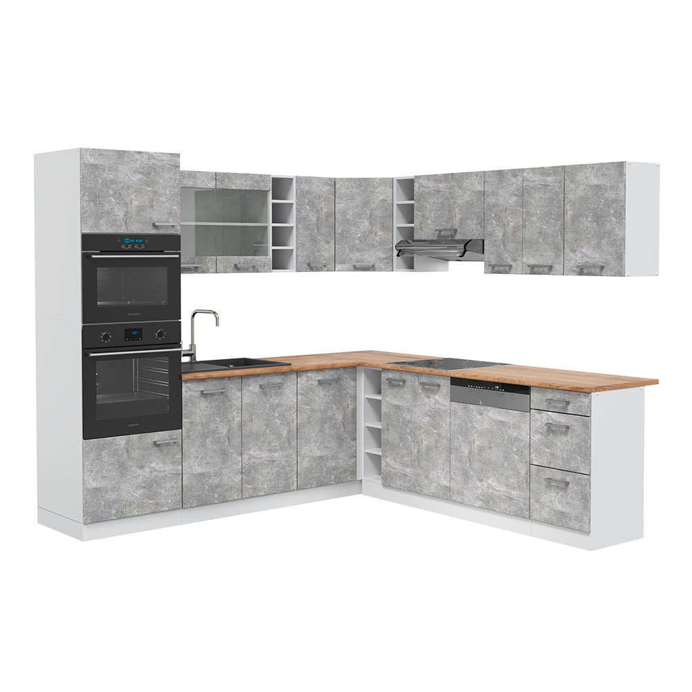 ECKKÜCHE R-Line Beton/Weiß 237 x 247 cm, AP Eiche - Schieferfarben/Weiß, Holzwerkstoff (247/81.6/60cm) - Vicco