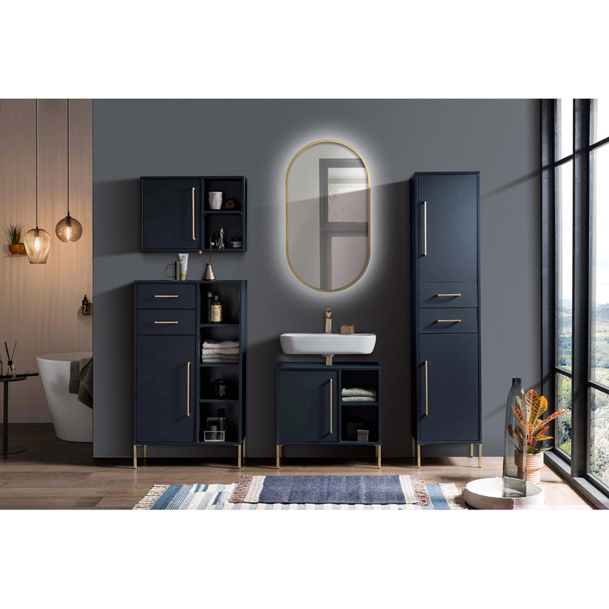 BADMÖBEL-SET 5-TLG. Kella-80 - Blau, Holzwerkstoff (203/200/33cm) - Lomado