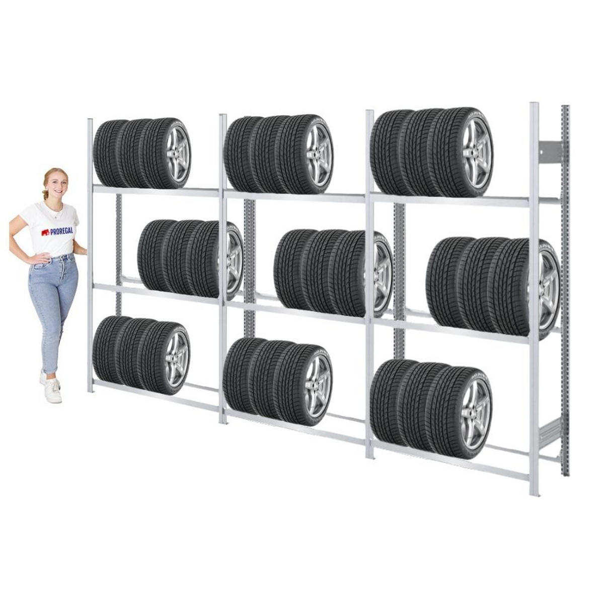 REIFENREGAL TIRE PRO 3er-Set für insgesamt 45 Reifen 3 Ebenen 150kg Fachlast pro Ebene Verzinkt - Silberfarben, Metall (390/200/43cm) - PROREGAL