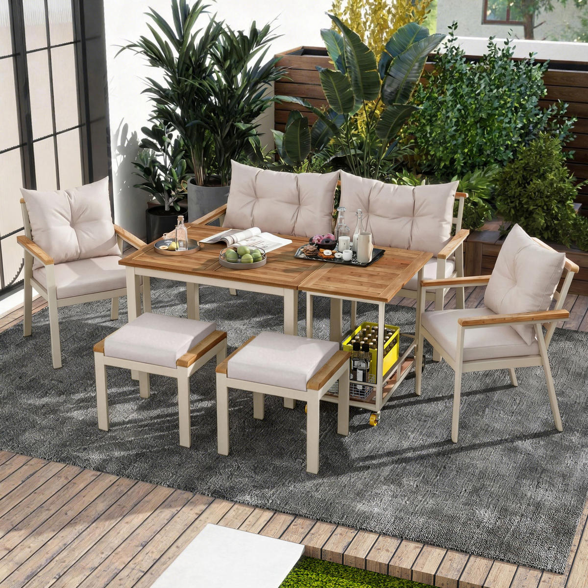 GARTEN-ESSGRUPPE 7-tlg. 6-7-Sitzer mit Servierwagen Akazienholz Beige - Beige, Holz - Beauniv