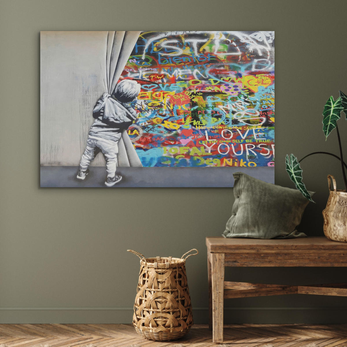 AKUSTIKBILD Graffiti - Junge - Ilussie - Straßenkunst Wandbild Wohnzimmer 100x70 cm - Hellgrau, Textil (100/70/0.9cm) - MuchoWow