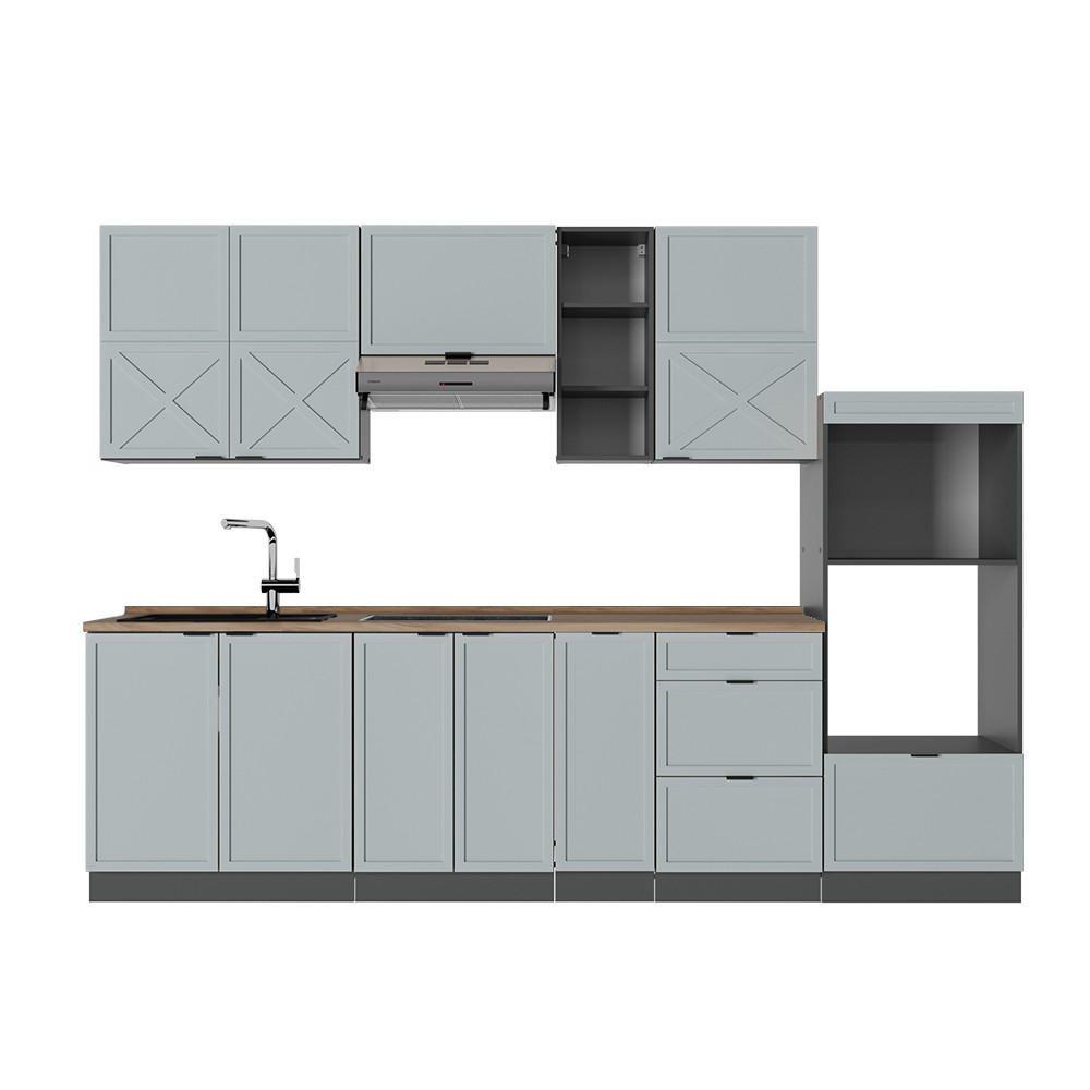 KÜCHENZEILE Fame-Line Hellblau-grau/Anthrazit 280 cm, AP Eiche - Anthrazit/Blaugrau, Holzwerkstoff (280/81.6/60cm) - Vicco