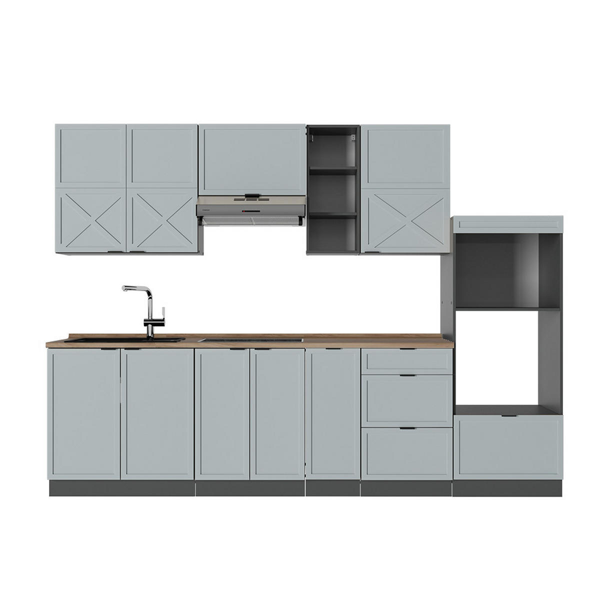 KÜCHENZEILE Fame-Line Hellblau-grau/Anthrazit 280 cm, AP Eiche - Anthrazit/Blaugrau, Holzwerkstoff (280/81.6/60cm) - Vicco