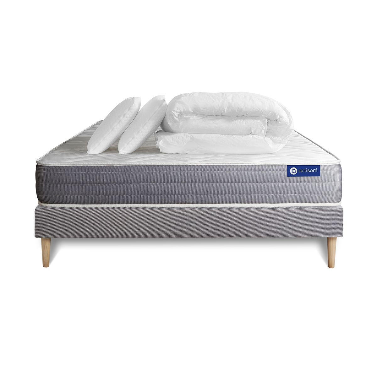BETT Actiflex dream Taschenfederkern und Memory-Schaum 200 x 200 cm h1 - Kit Bettgestell Grau - Mit Kissen und Bettdecke - Beige/Grau, Karton/Holz (200/200cm) - ACTISOM