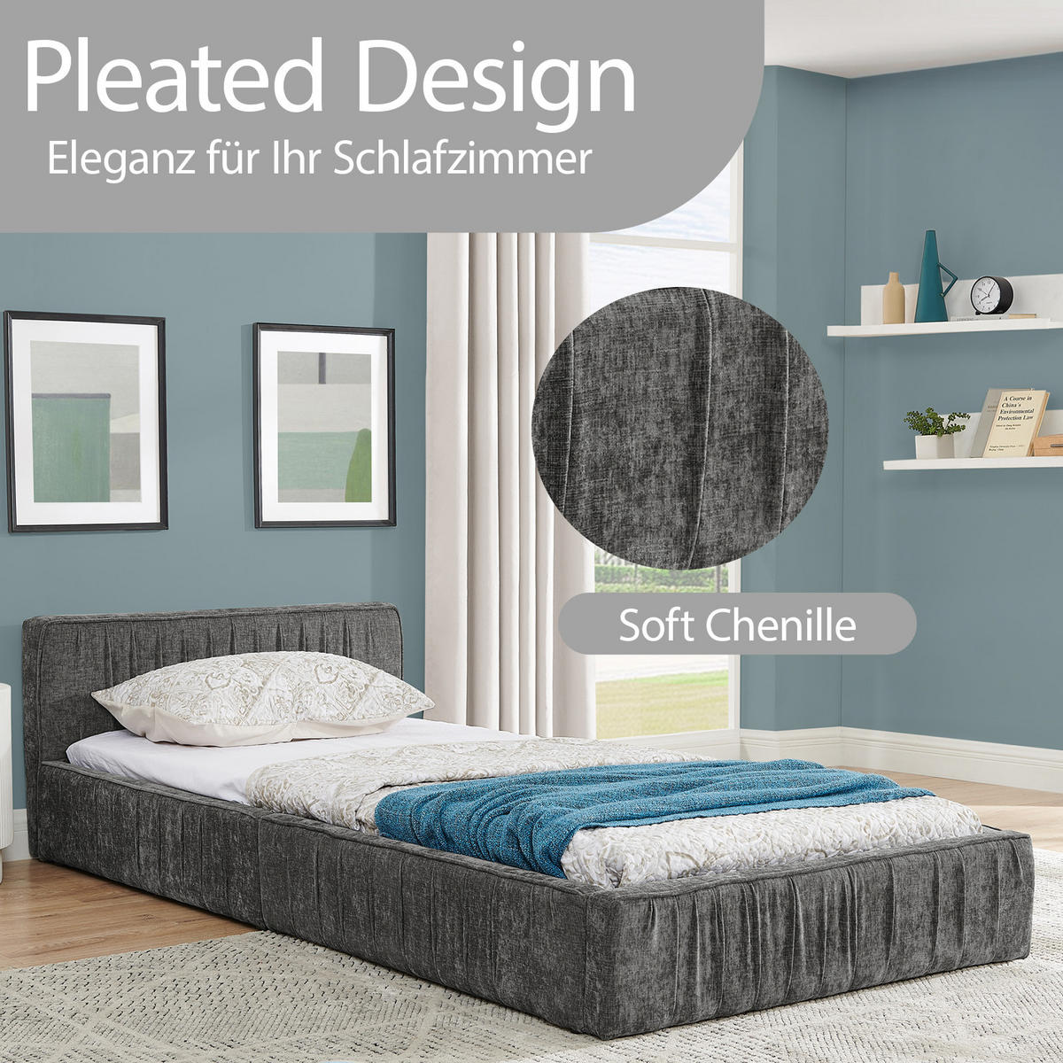 EINZELBETT 90x200 cm Chenille Holzrahmen grau - Dunkelgrau, Kunststoff (90/200cm) - LEBENLANG