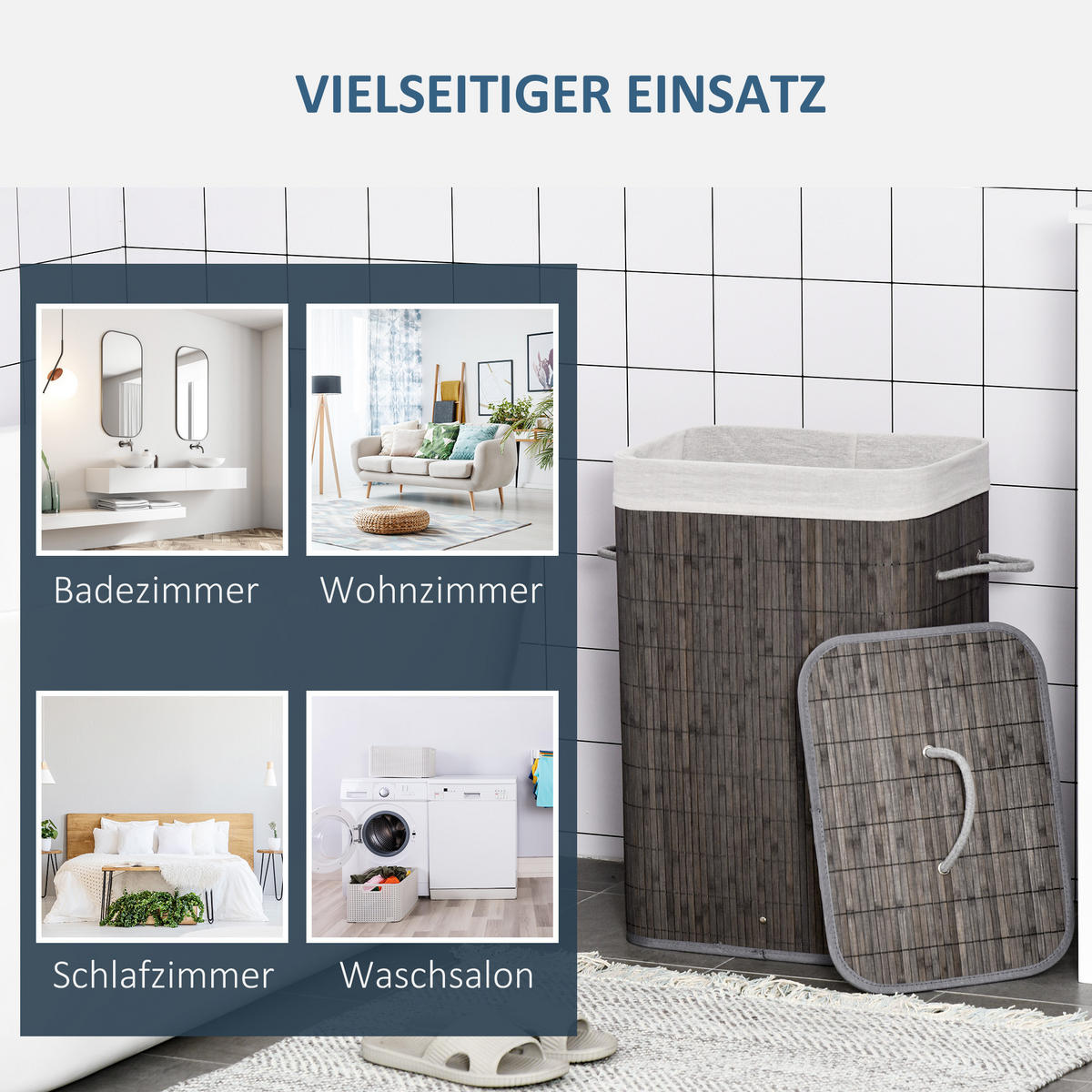 WÄSCHEKORB schmal mit Deckel 83L, Bambus, Grau - Grau, Naturmaterialien (43/61/32cm) - HOMCOM