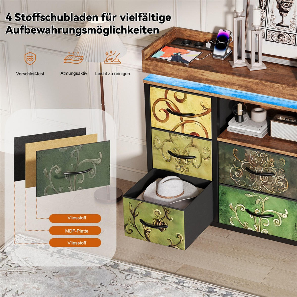 KOMMODE mit 8 Schubladen - integrierte Ladestation und RGB-LED-Beleuchtung - Bunt - Multicolor, Holzwerkstoff (108/82/30cm) - DELFA