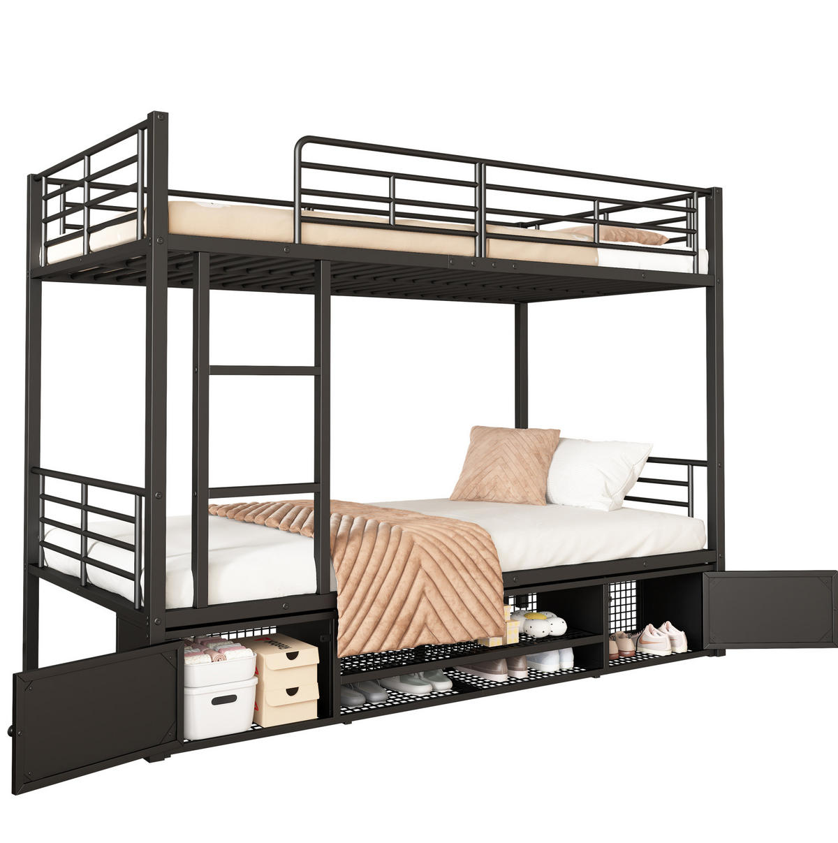 ETAGENBETT 90/200 cm aus Metall mit Schuhablage und 2-türigem Stauraum Schwarz - Schwarz, Metall (90/200cm) - Modenvie