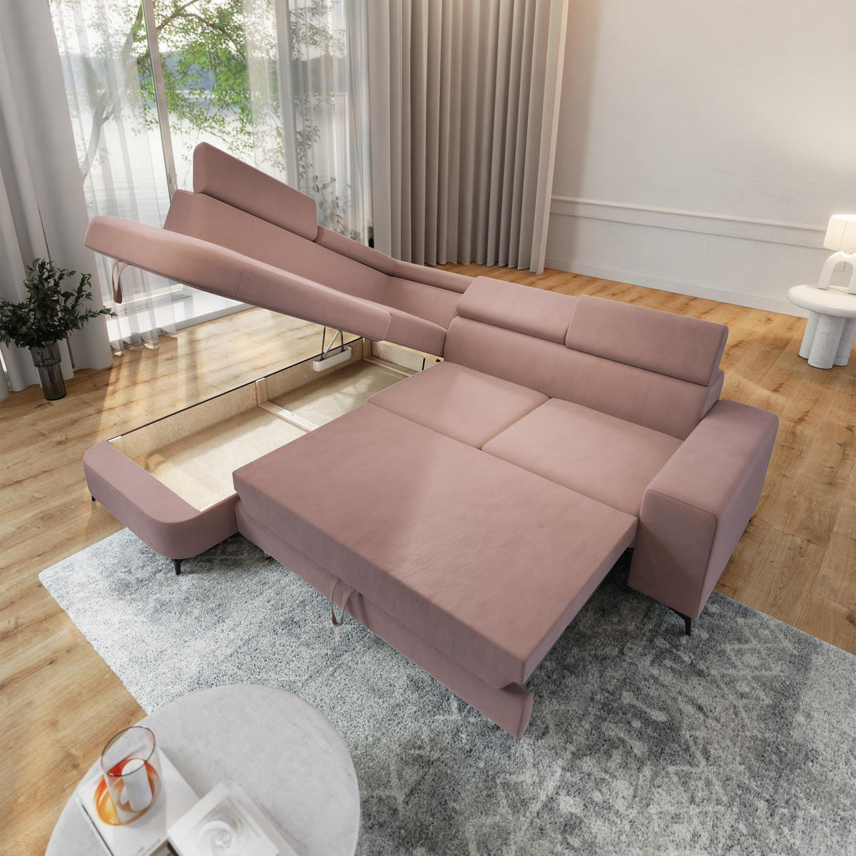 ECKSOFA ALVORO L-S Rosa Velours-Stoff mit Schlaffunktion - Rosa, Holz (253/190cm) - MASSENO