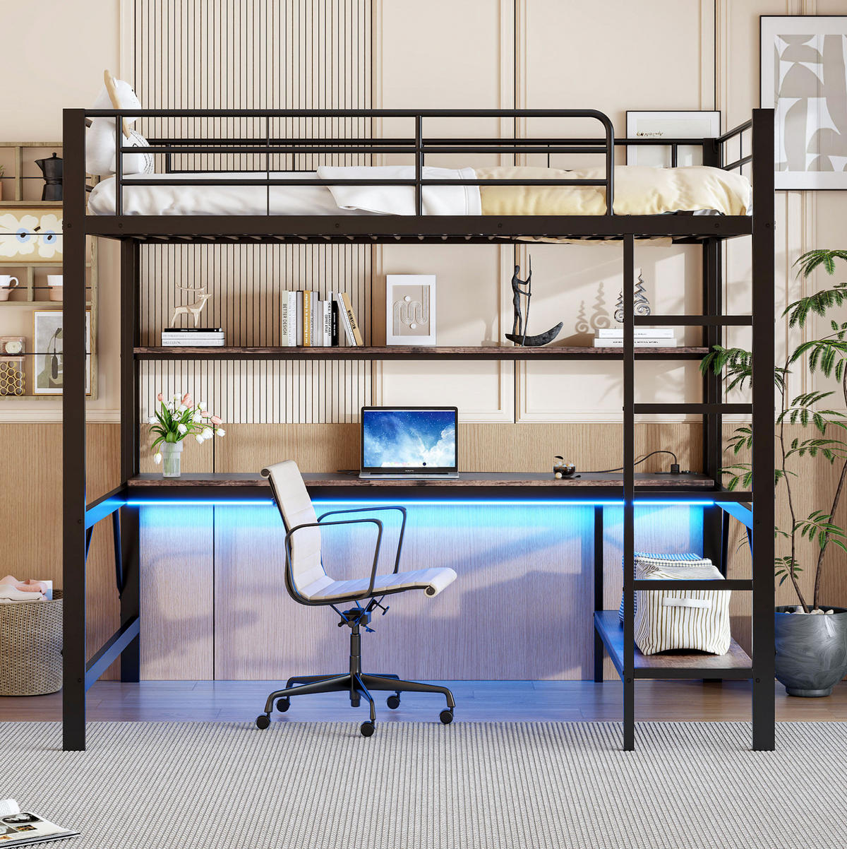 HOCHBETT 140/200 cm aus Metall mit Schreibtisch und LED-Beleuchtung Schwarz - Schwarz, Metall (140/200cm) - Modenvie