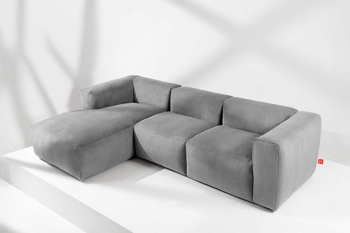 ECKMODULSOFA-LINKS BUFFO mit extrem weicher und bequemer Sitzfläche, Kordstoff, hellgrau - Hellgrau, Textil (297/180cm) - KONSIMO®