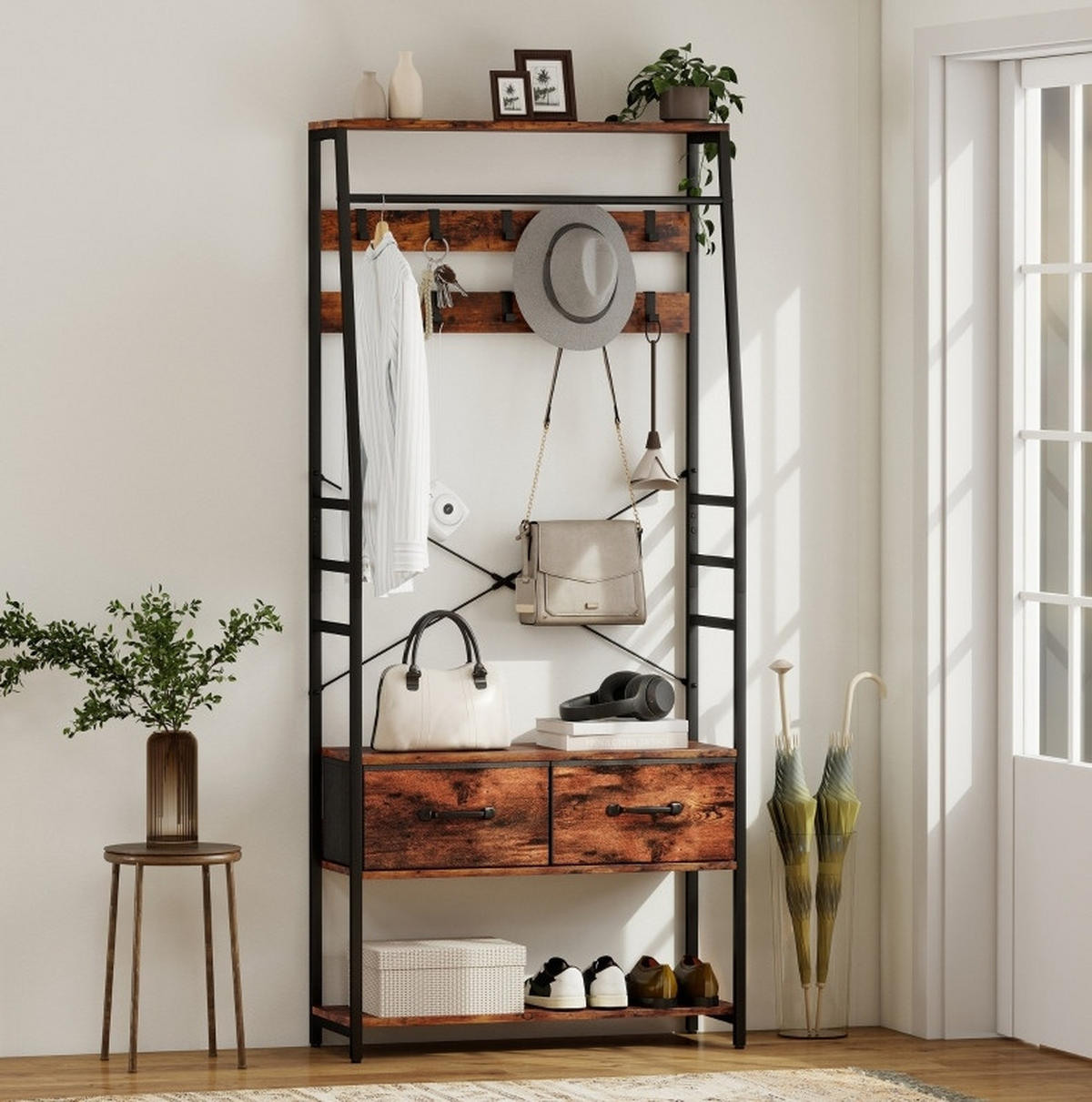 FLURGARDEROBE 80/30/180 cm aus Holzwerkstoff und Metall mit Sitzbank und 10 Haken Braun - Braun, Holz (80/180/30cm) - Modenvie