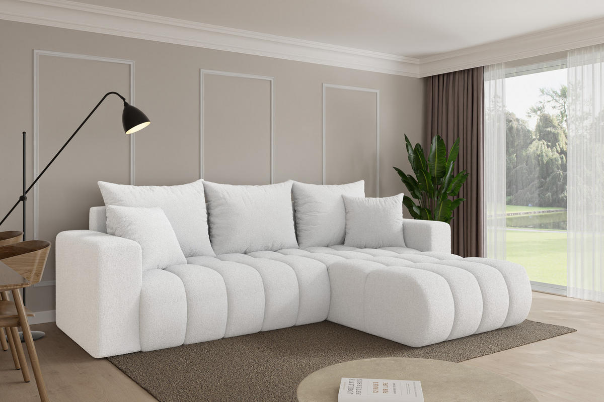 ROHOVÁ SEDAČKA s funkcí spaní, otoman vpravo MILA-L-v1 277x195x86 bílá bouclé - bílá/černá, kompozitní dřevo/textil (277/194cm) - ALTDECOR