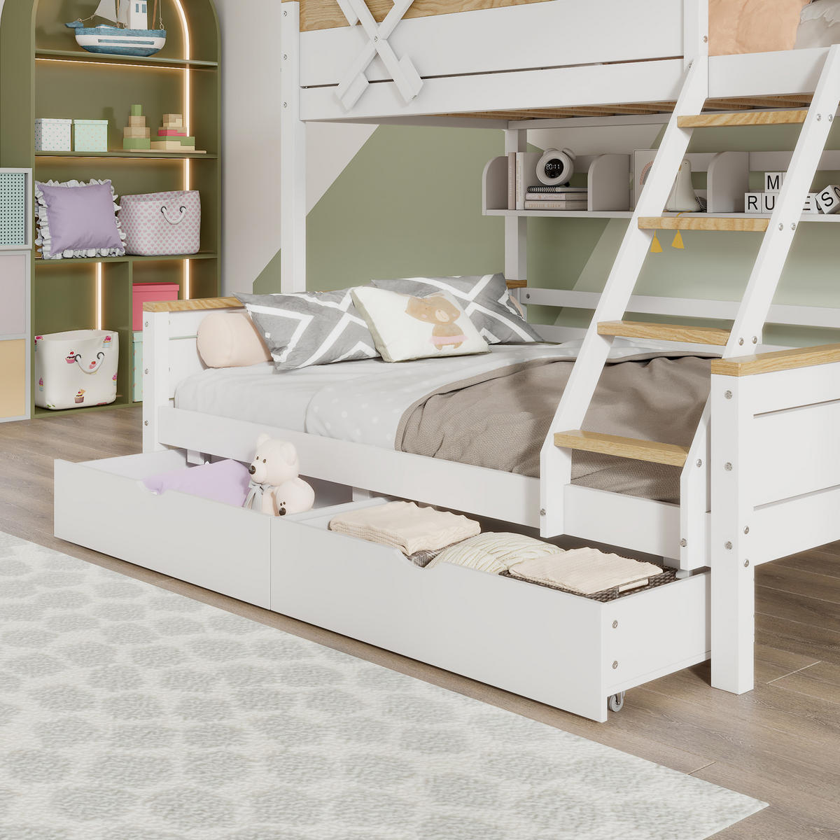 ETAGENBETT 90/200 cm mit Windmühle Weiß+Natur aus Kiefer und MDF mit Regalen und Schubladen - Weiß, Holzwerkstoff (90/200cm) - OKWISH