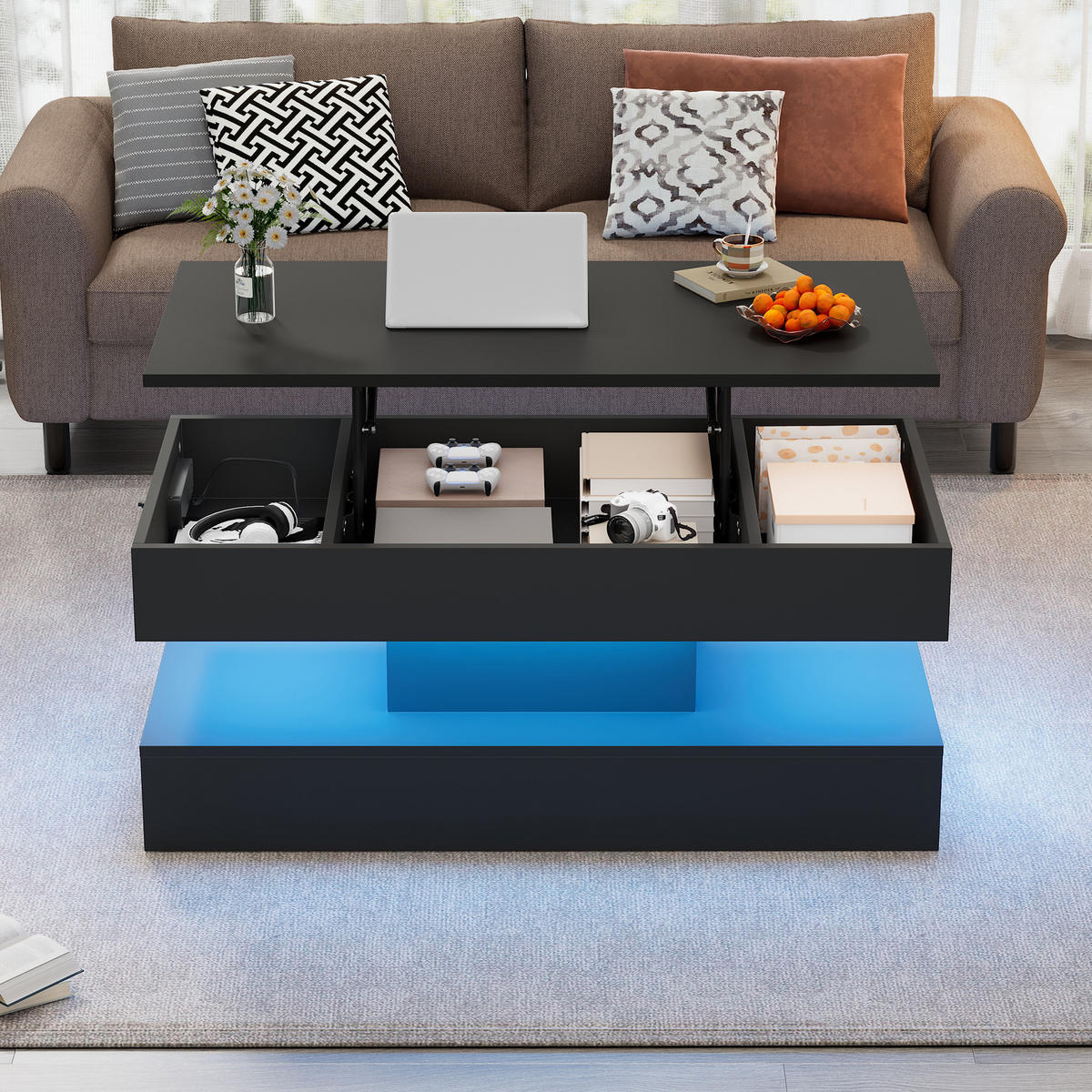 COUCHTISCH Schwarz 100/50/42 cm mit Hebefunktion, LED-Beleuchtung und Steckdosen - Schwarz, Holzwerkstoff (50/100/42cm) - PANGIVO