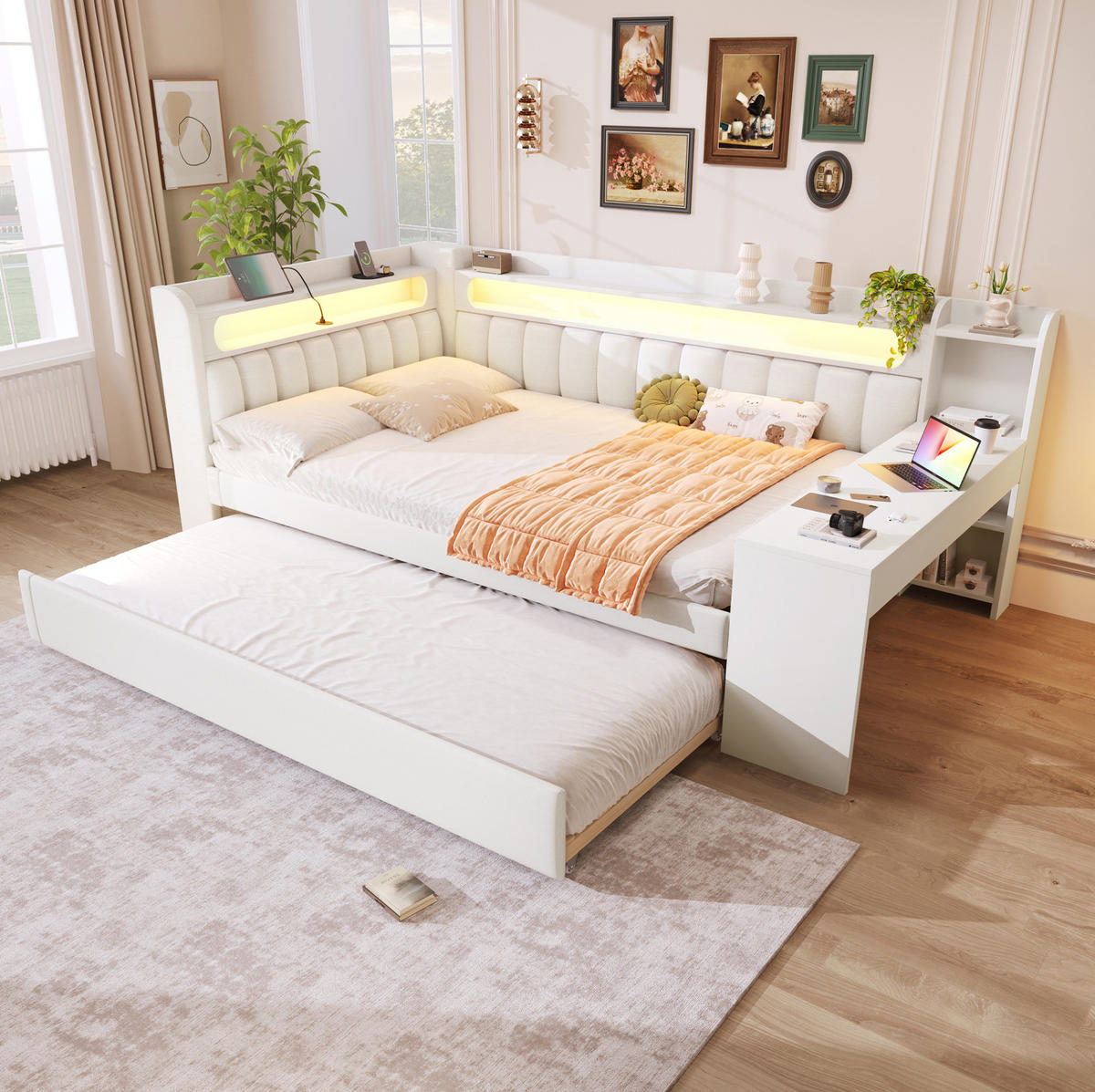 POLSTERBETT 140/200 cm Weiß aus MDF, Sperrholz und Leinen mit Ausziehbett, USB und LED - Weiß, Holzwerkstoff (140/200cm) - OKMYHOME
