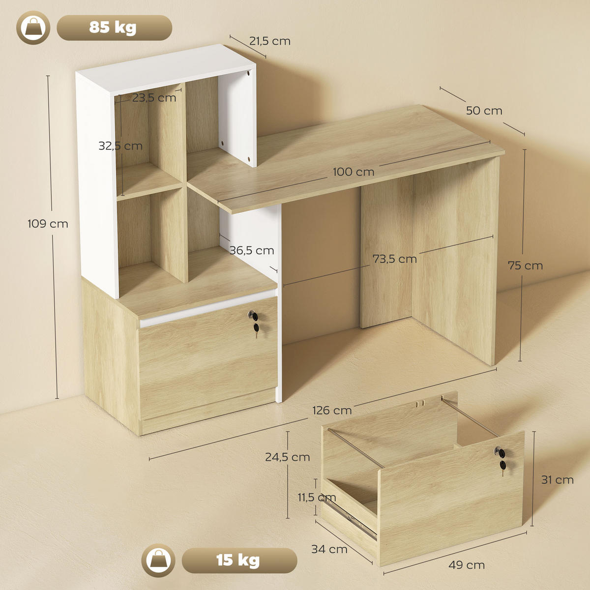 SCHREIBTISCH DE-14923 Eiche - Eichefarben, Holzwerkstoff (126/50/109cm) - ComfortXL