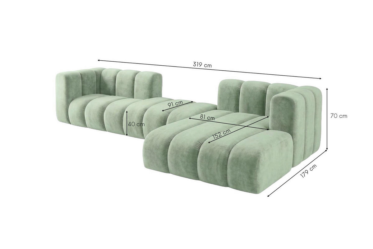 ECKSOFA Modulares In L-Form, Velvet-Stoff Riviera, Mintz, Rechts, GRAND 319 cm - Mintgrün, Holz (319/175cm) - Kaiser Möbel