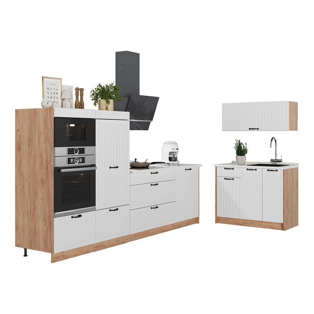 KUHINJA Fame-Line, Bela podeželska hiša/Zlati hrast z močjo, 380 cm, DP Hrast - barve hrasta/bela, leseni material (380/153.6/60cm) - Vicco