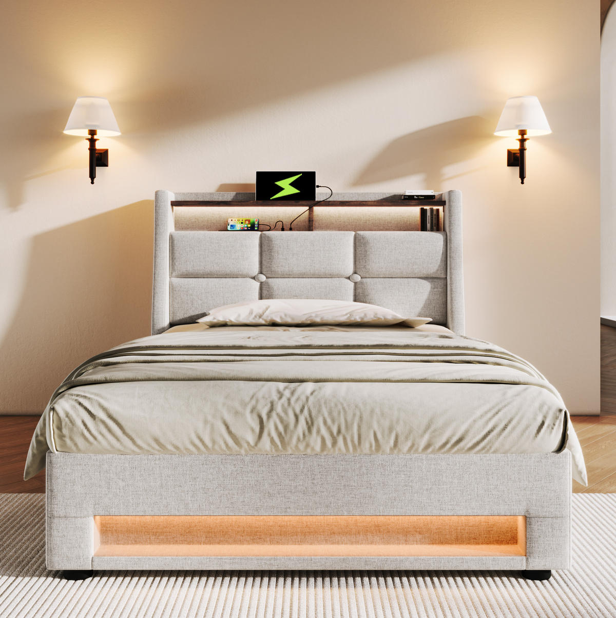 POLSTERBETT 90/200 cm Beige mit USB- und LED-Beleuchtung und Lattenrost - Beige, Textil (90/200cm) - OKWISH