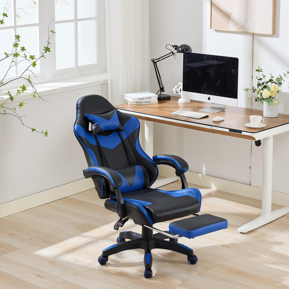 STUHL B64 / T58 / H116.5-126 cm,, Rennsport-Design, 360° drehbar und höhenverstellbar, Schwarz und Blau - Blau, Kunststoff (58/116.5/64.5cm) - Redom