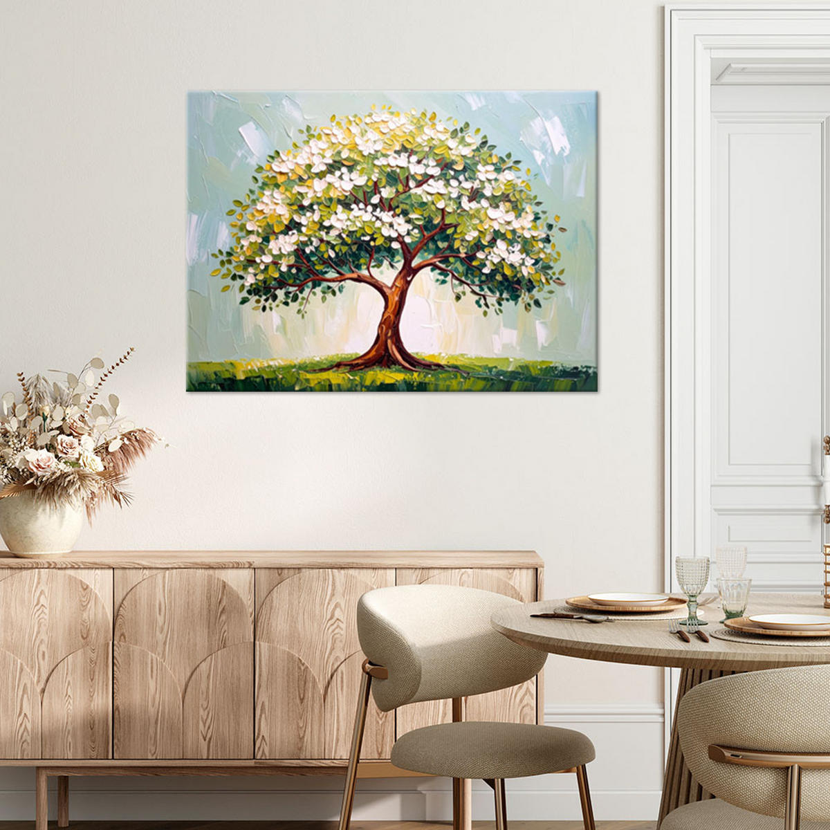 LEINWANDBILD 3D Grüner blühender Baum des Lebens Blumen 100x70cm - Grün, Textil (100/70cm) - Feeby