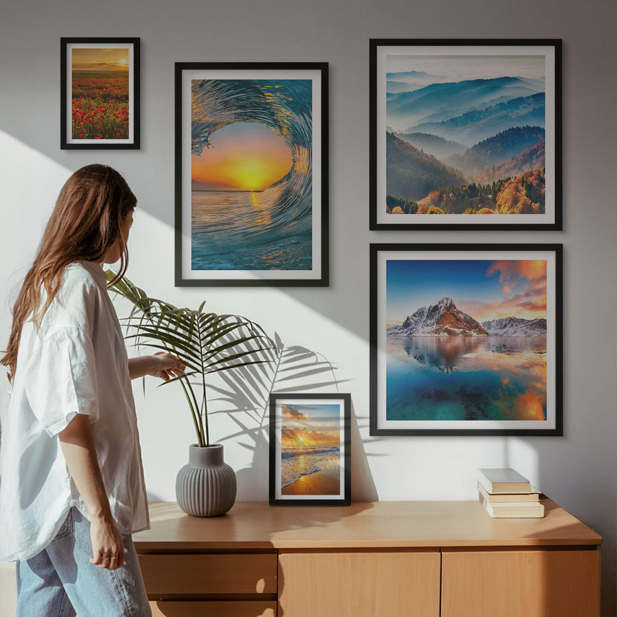 BILDER SET 5er Set - 50x50 cm & 20x30 cm & 40x60 cm Schwarzer Rahmen - Landschaften aus Bergen und Meeren im Westen - Schwarz, Kunststoff (40/60cm) - TULUP